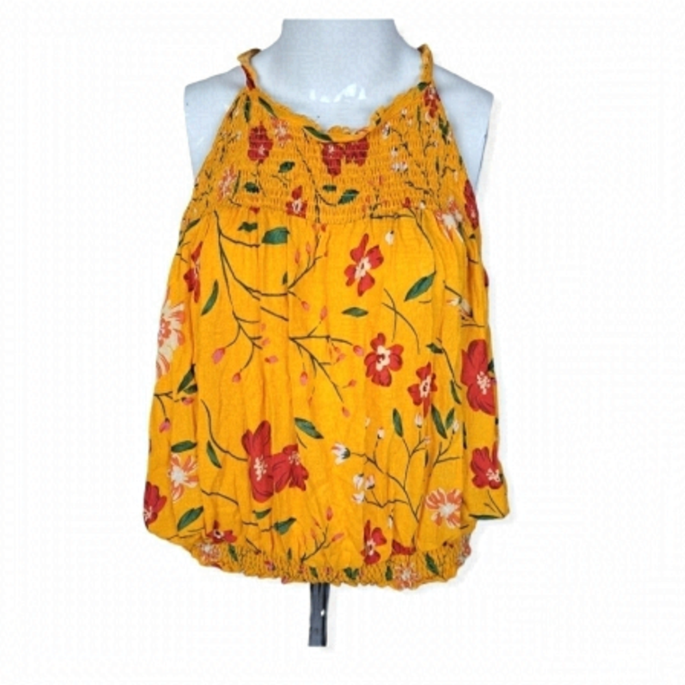 RACHEL Rachel Roy Yellow Floral Smocked Halter Tank Top